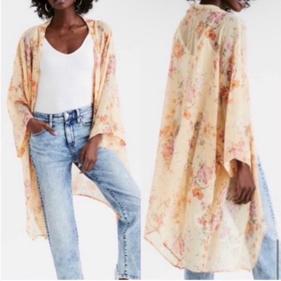AMERICAN EAGLE Flowy Floral Chiffon Open Front Kimono Yellows Cover-Up Cardigan - Picture 1 of 12